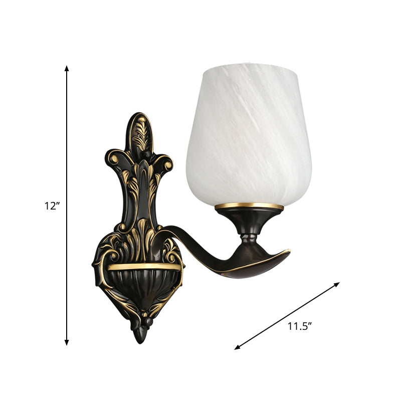 Skørter | Milky Glass Cup-Like Wall Lamp Traditional 1/2-Light Bedside Lamp Wall Lighting Fixture in Black and Gold