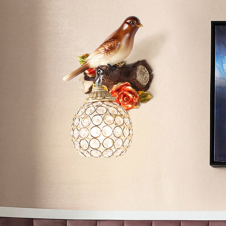 Skørter | Brown Single Bulb Wall Lamp Retro Style Clear Crystal Decorated Bubble Bird Designed Wall Mounted Lighting, Left/Right