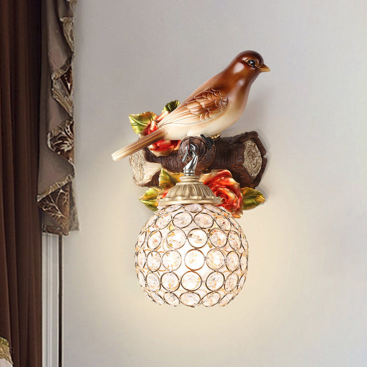 Skørter | Brown Single Bulb Wall Lamp Retro Style Clear Crystal Decorated Bubble Bird Designed Wall Mounted Lighting, Left/Right