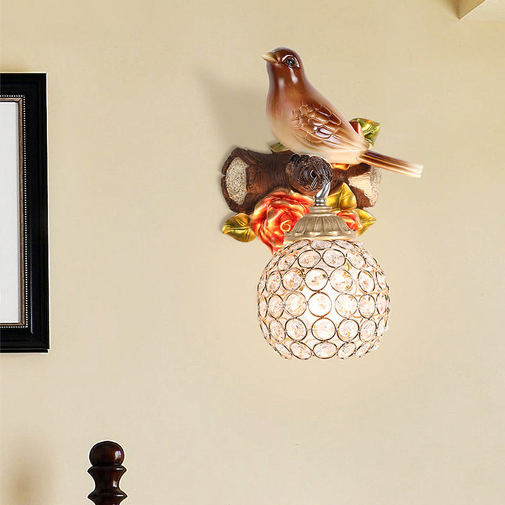 Skørter | Brown Single Bulb Wall Lamp Retro Style Clear Crystal Decorated Bubble Bird Designed Wall Mounted Lighting, Left/Right