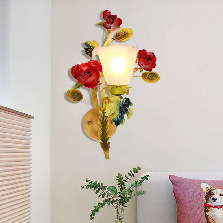 Skørter | Yellow 1/2 Heads Wall Lamp Country Milk Glass Flower Wall Mount Lamp with Roses Decor