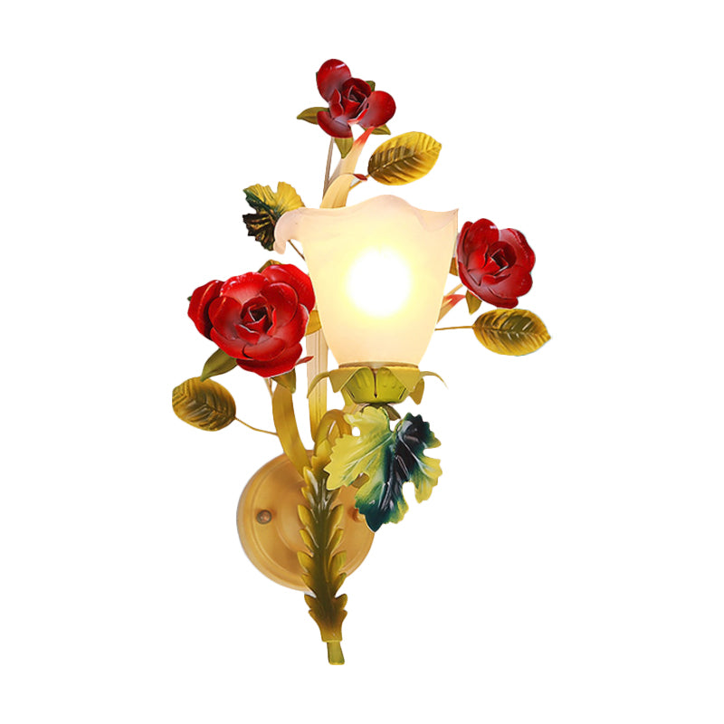 Skørter | Yellow 1/2 Heads Wall Lamp Country Milk Glass Flower Wall Mount Lamp with Roses Decor