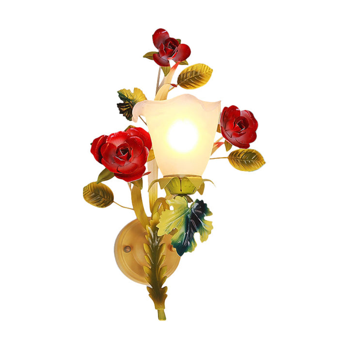 Skørter | Yellow 1/2 Heads Wall Lamp Country Milk Glass Flower Wall Mount Lamp with Roses Decor