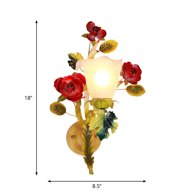 Skørter | Yellow 1/2 Heads Wall Lamp Country Milk Glass Flower Wall Mount Lamp with Roses Decor