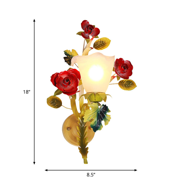 Skørter | Yellow 1/2 Heads Wall Lamp Country Milk Glass Flower Wall Mount Lamp with Roses Decor
