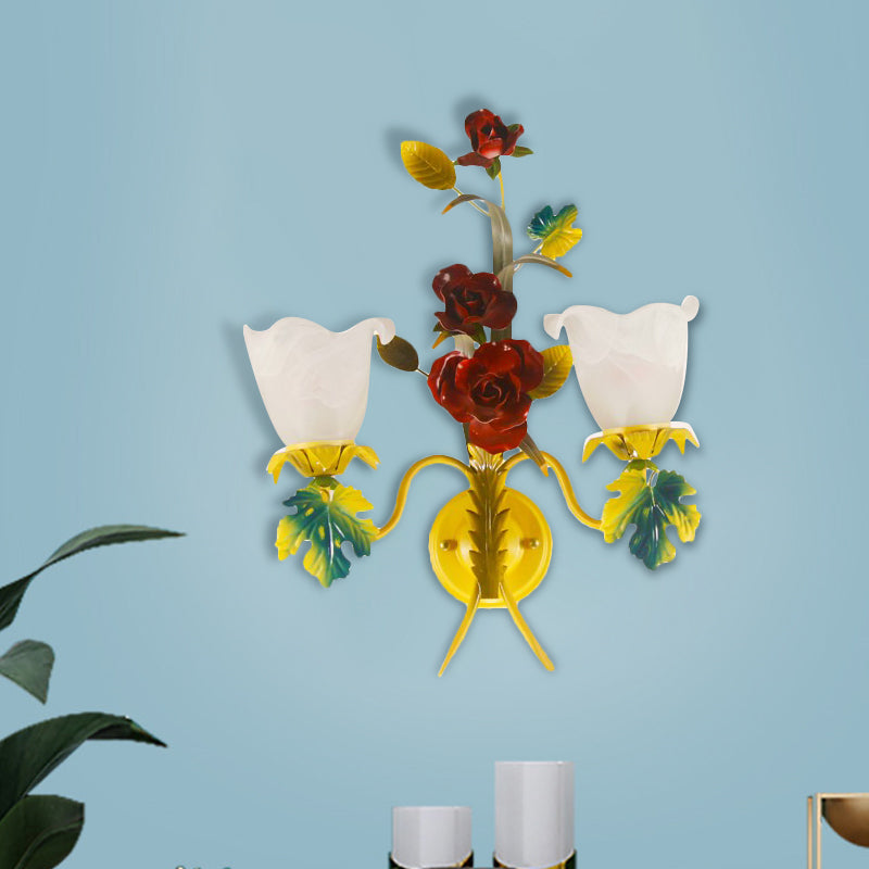 Skørter | Yellow 1/2 Heads Wall Lamp Country Milk Glass Flower Wall Mount Lamp with Roses Decor