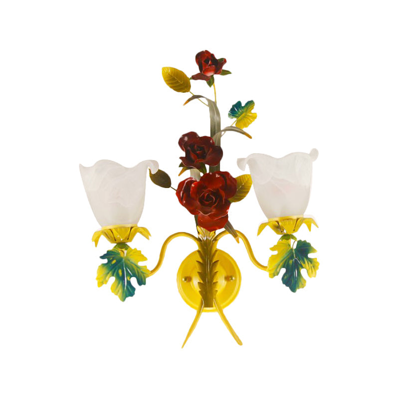 Skørter | Yellow 1/2 Heads Wall Lamp Country Milk Glass Flower Wall Mount Lamp with Roses Decor