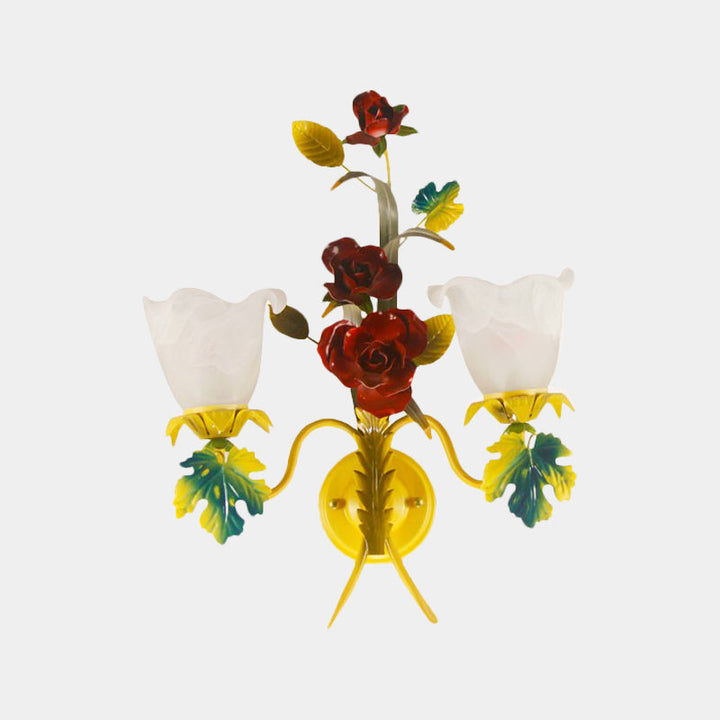 Skørter | Yellow 1/2 Heads Wall Lamp Country Milk Glass Flower Wall Mount Lamp with Roses Decor