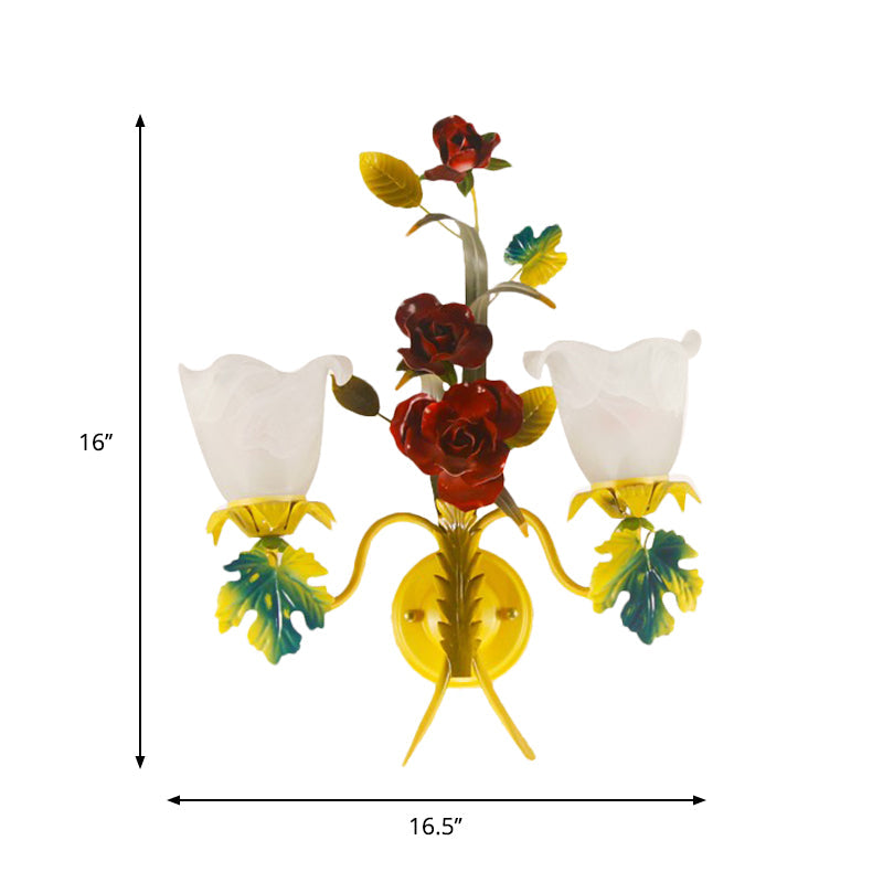 Skørter | Yellow 1/2 Heads Wall Lamp Country Milk Glass Flower Wall Mount Lamp with Roses Decor