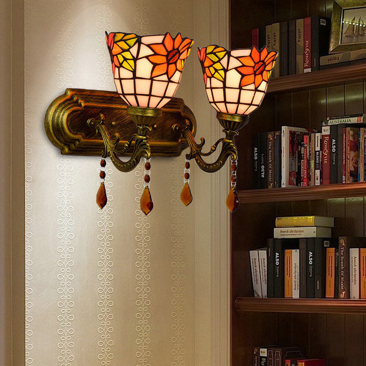 Lisslune | 2 Light Bowls Wall Sconce Lighting Tiffany Stained Glass Wall Lighting with Crystal in Pink/Brown/Orange