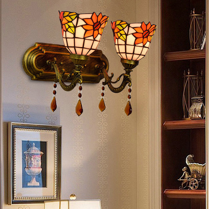 Lisslune | 2 Light Bowls Wall Sconce Lighting Tiffany Stained Glass Wall Lighting with Crystal in Pink/Brown/Orange