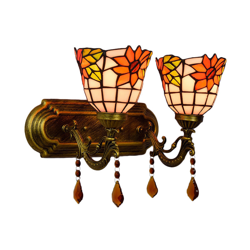 Lisslune | 2 Light Bowls Wall Sconce Lighting Tiffany Stained Glass Wall Lighting with Crystal in Pink/Brown/Orange