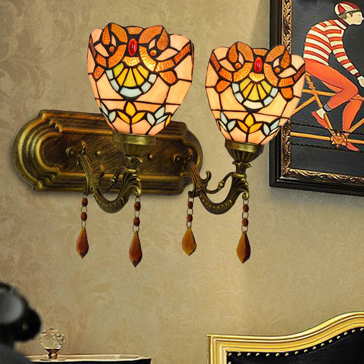 Lisslune | 2 Light Bowls Wall Sconce Lighting Tiffany Stained Glass Wall Lighting with Crystal in Pink/Brown/Orange