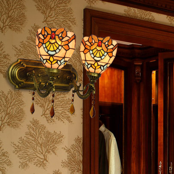 Lisslune | 2 Light Bowls Wall Sconce Lighting Tiffany Stained Glass Wall Lighting with Crystal in Pink/Brown/Orange