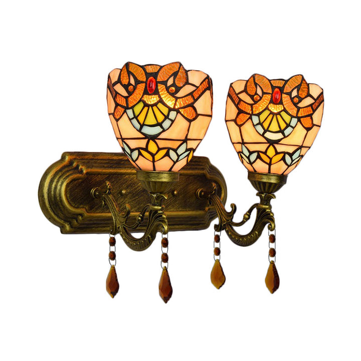 Lisslune | 2 Light Bowls Wall Sconce Lighting Tiffany Stained Glass Wall Lighting with Crystal in Pink/Brown/Orange