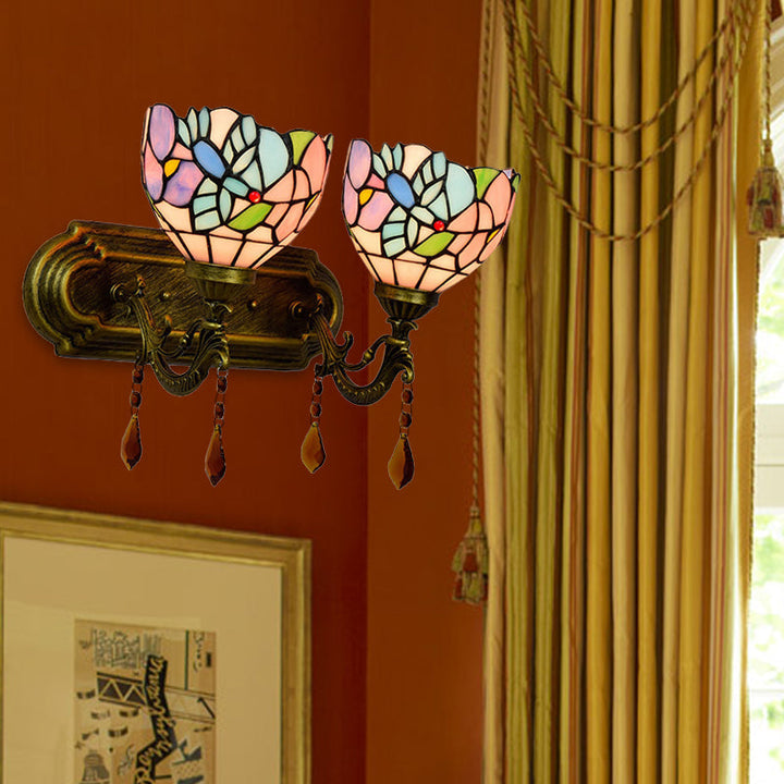 Lisslune | 2 Light Bowls Wall Sconce Lighting Tiffany Stained Glass Wall Lighting with Crystal in Pink/Brown/Orange
