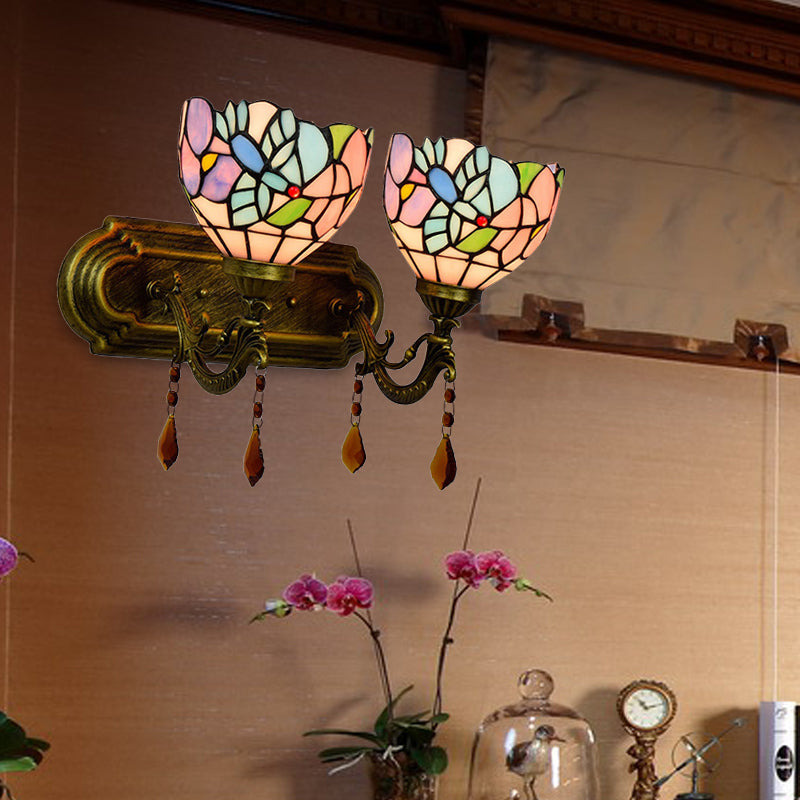 Lisslune | 2 Light Bowls Wall Sconce Lighting Tiffany Stained Glass Wall Lighting with Crystal in Pink/Brown/Orange