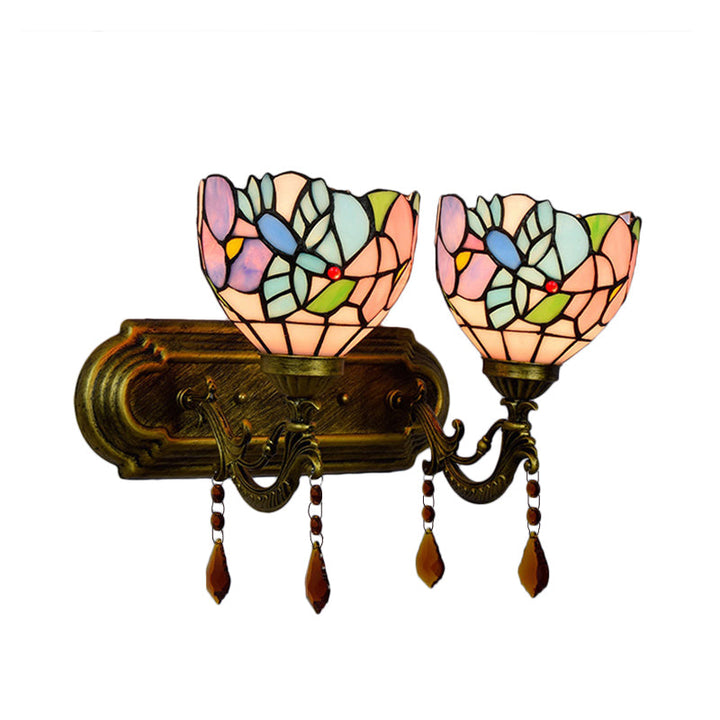 Lisslune | 2 Light Bowls Wall Sconce Lighting Tiffany Stained Glass Wall Lighting with Crystal in Pink/Brown/Orange