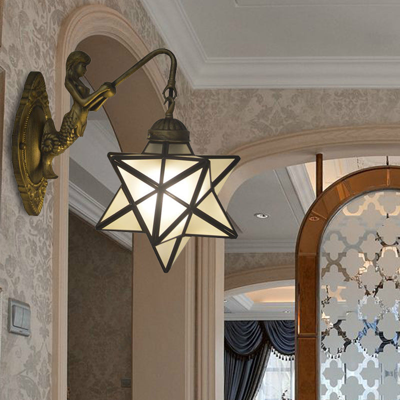 Skørter | White Glass Star Wall Lights Tiffany 1 Head Antique Brass Wall Mount Light with Mermaid Backplate