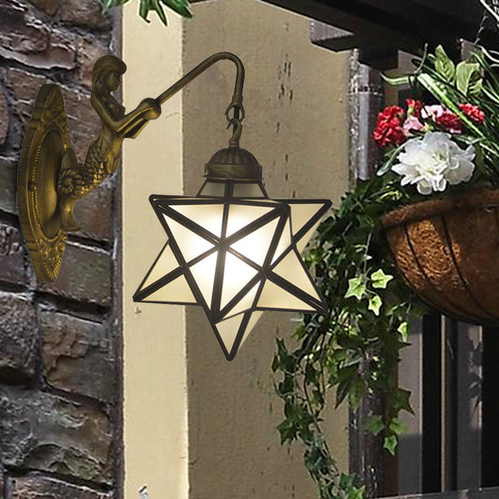 Skørter | White Glass Star Wall Lights Tiffany 1 Head Antique Brass Wall Mount Light with Mermaid Backplate