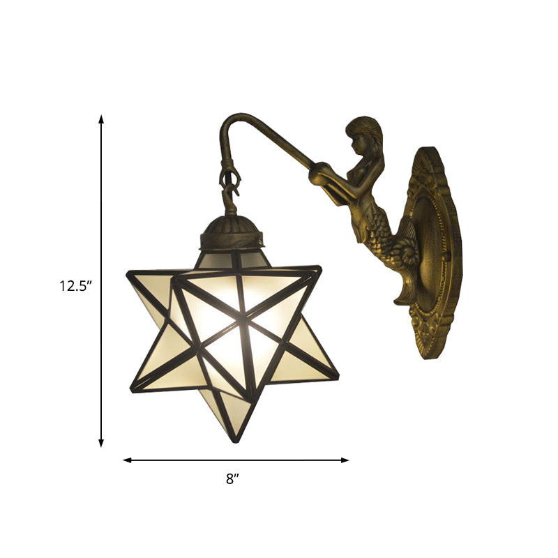 Skørter | White Glass Star Wall Lights Tiffany 1 Head Antique Brass Wall Mount Light with Mermaid Backplate