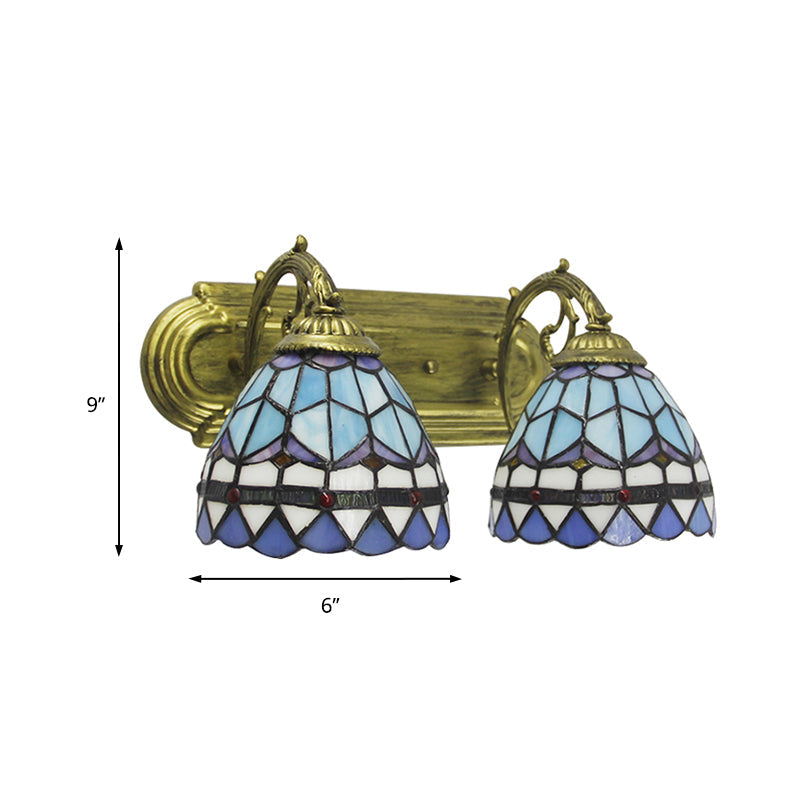 Lisslune | 2 Heads Dome Wall Lamp Baroque Style Blue Glass Wall Lighting for Bathroom