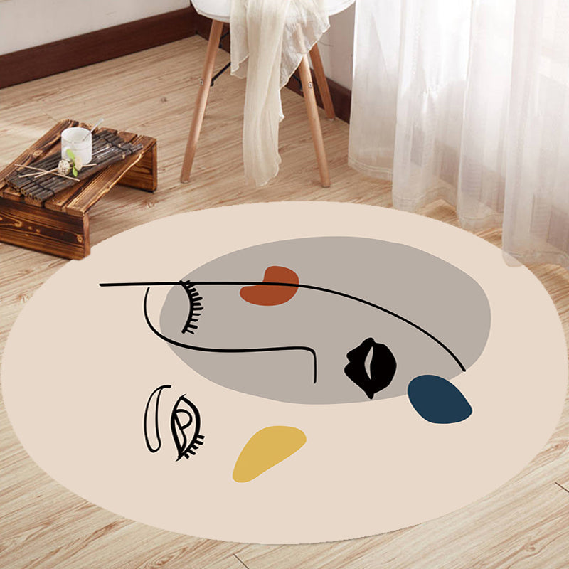 Lisslune | Ivory Irregular Bedroom Rug Novelty Abstract Face Pattern Area Rug Polyester Anti-Slip Back Rug