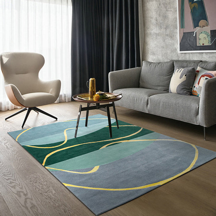 Lisslune | Blue and Green Abstract Carpet Polyester Modernist Carpet Washable Pet-Friendly Area Rug for the Living Room
