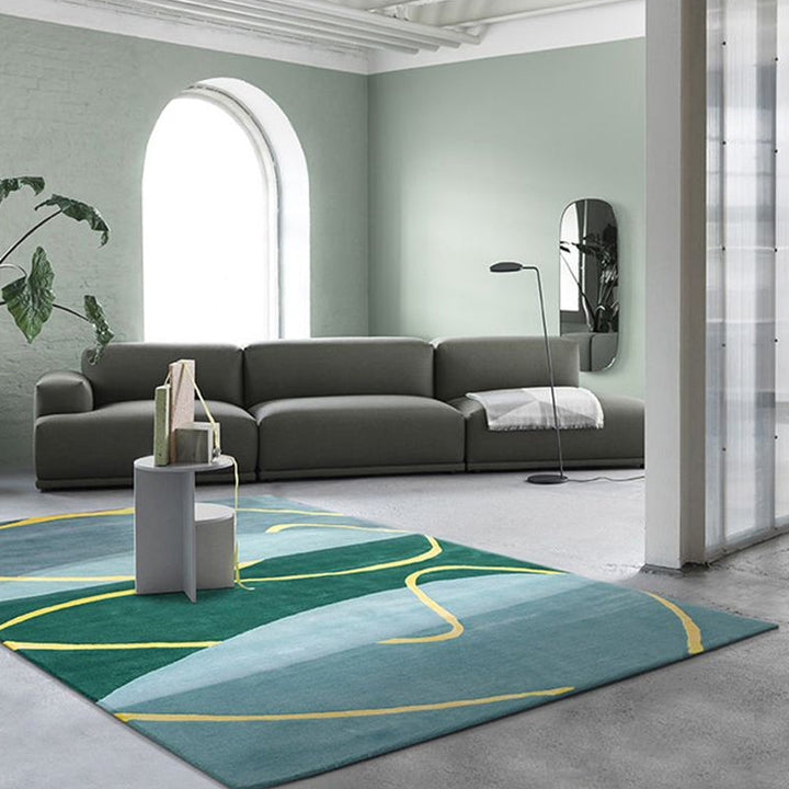 Lisslune | Blue and Green Abstract Carpet Polyester Modernist Carpet Washable Pet-Friendly Area Rug for the Living Room