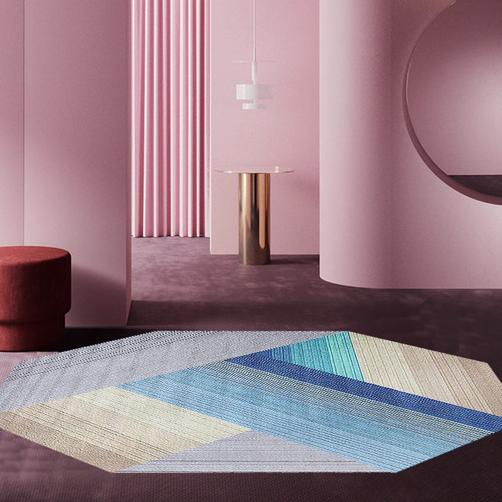 Lisslune | Blue irregular bedroom carpet novelty stripes geometric pattern carpet polyester non-slip backing carpet