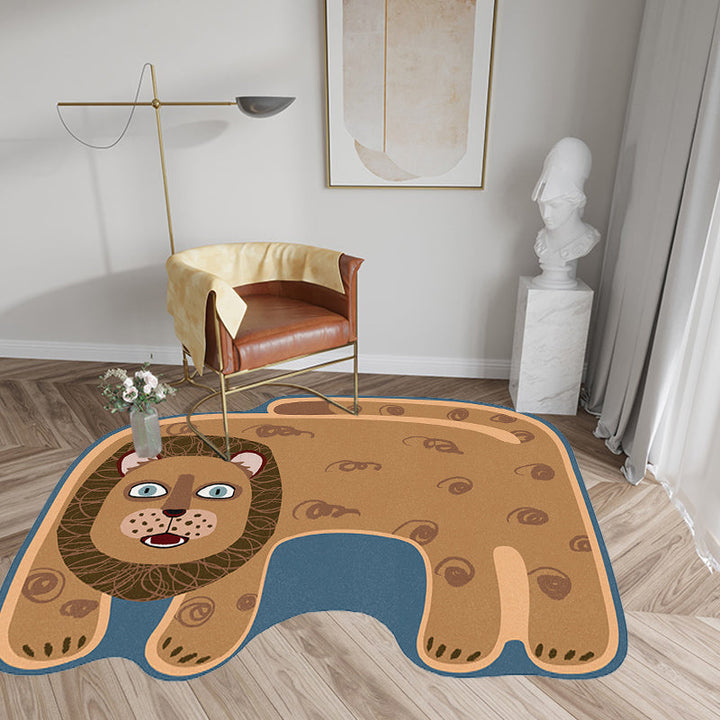 Lisslune | Kids Irregular Bedroom Carpet in Red and Brown Animal Tiger Lion Leopard Print Carpet Polyester Non-Slip Base Carpet