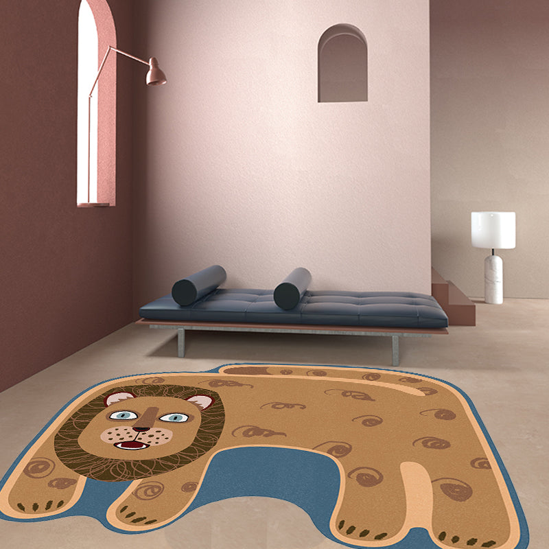 Lisslune | Kids Irregular Bedroom Carpet in Red and Brown Animal Tiger Lion Leopard Print Carpet Polyester Non-Slip Base Carpet