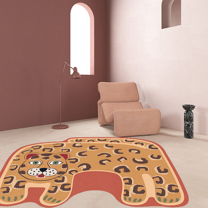 Lisslune | Kids Irregular Bedroom Carpet in Red and Brown Animal Tiger Lion Leopard Print Carpet Polyester Non-Slip Base Carpet