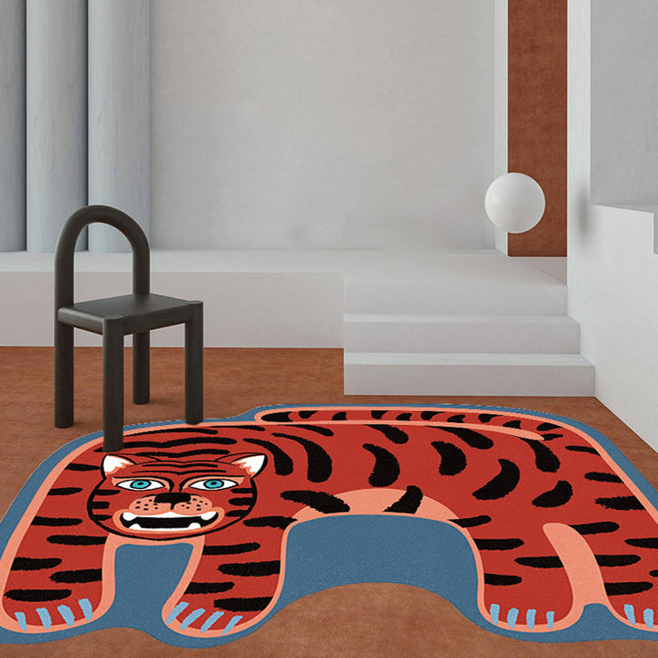 Lisslune | Kids Irregular Bedroom Carpet in Red and Brown Animal Tiger Lion Leopard Print Carpet Polyester Non-Slip Base Carpet