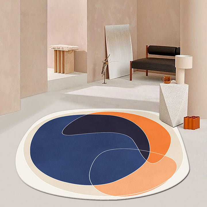 Lisslune | Orange and Blue Irregular Area Rug Bedroom Novelty Colorblock Pattern Rug Polyester Non-Slip Carpet