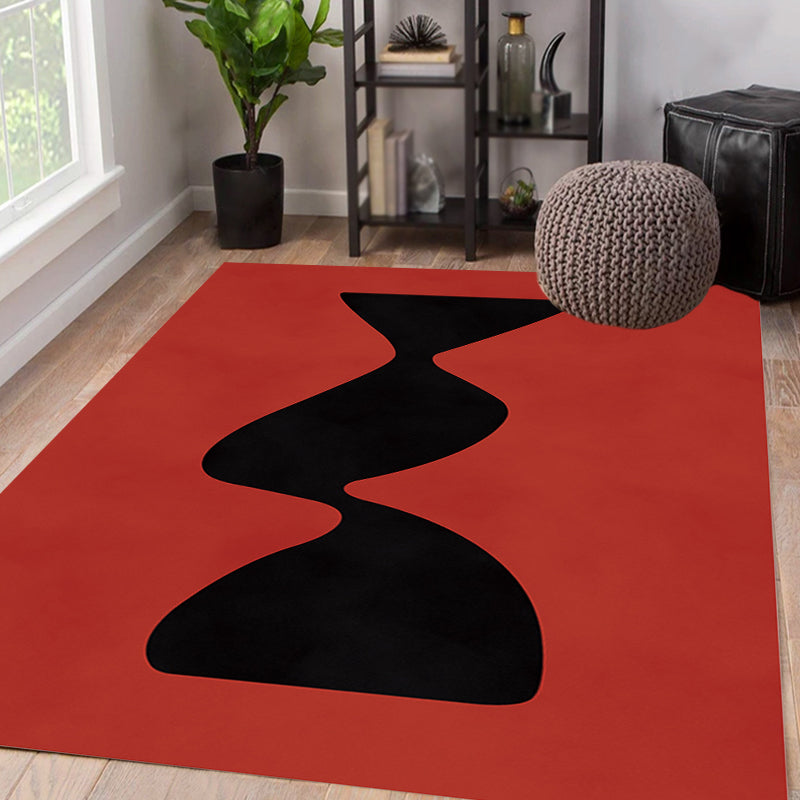 Lisslune | Black and Red Abstract Area Rug Polyester Modern Rug Washable Pet Friendly Carpet for Living Room