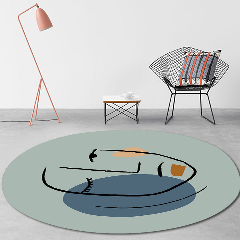 Lisslune | Novelty Living Room Irregular Rug in Blue Abstract Face Print Rug Polyester Pet-Friendly Area Rug