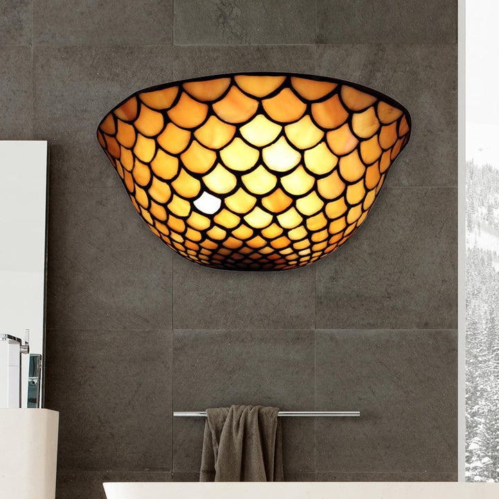 Lisslune | Fish Scale Wall Light Beige Glass 2 Lights Traditional Wall Mount Light for Staircase