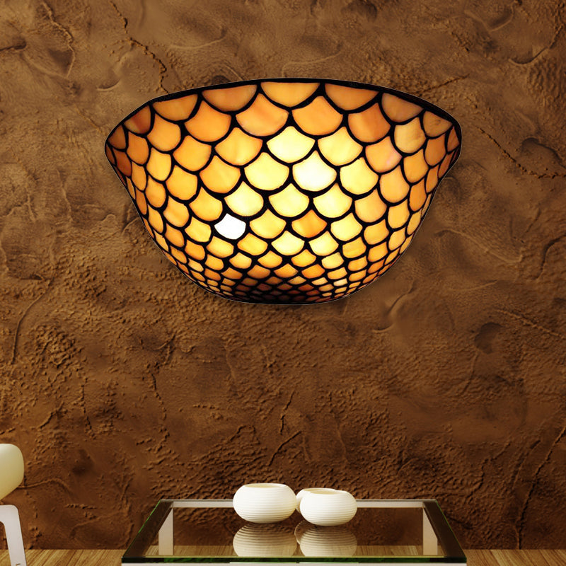 Lisslune | Fish Scale Wall Light Beige Glass 2 Lights Traditional Wall Mount Light for Staircase