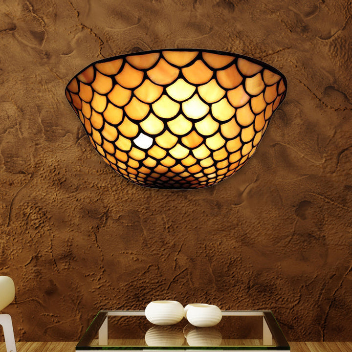 Lisslune | Fish Scale Wall Light Beige Glass 2 Lights Traditional Wall Mount Light for Staircase