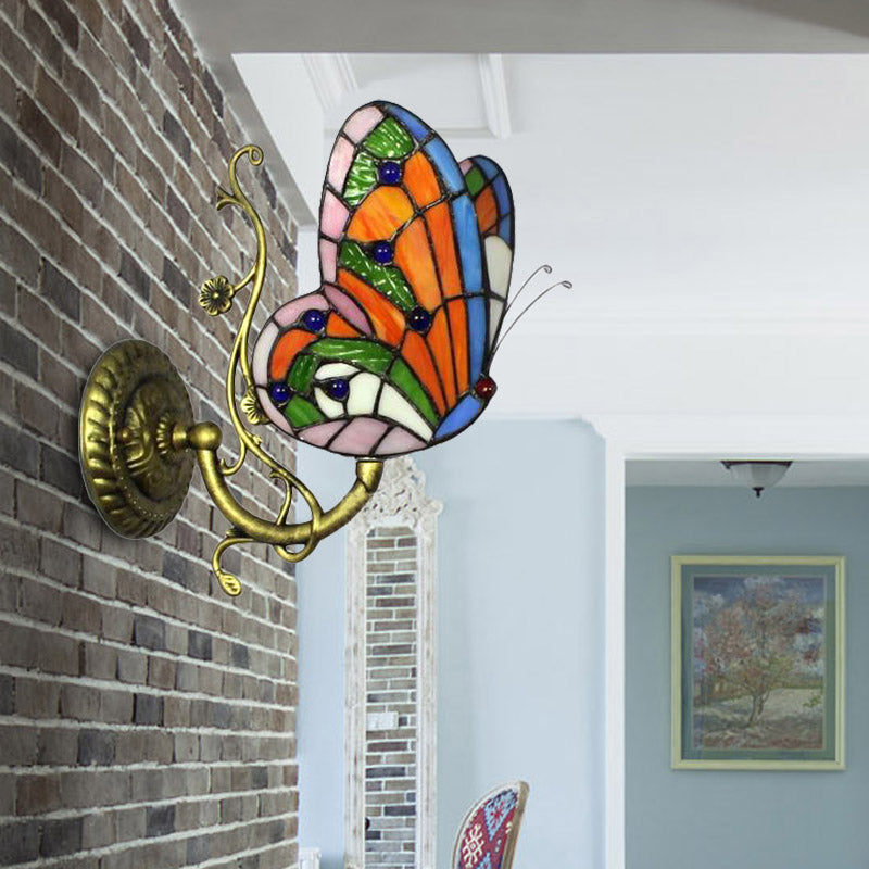 Lisslune | 1 Light Mini Wall Lamp with Butterfly Rustic Loft Style Yellow Glass Wall Mount Light in Blue/Orange