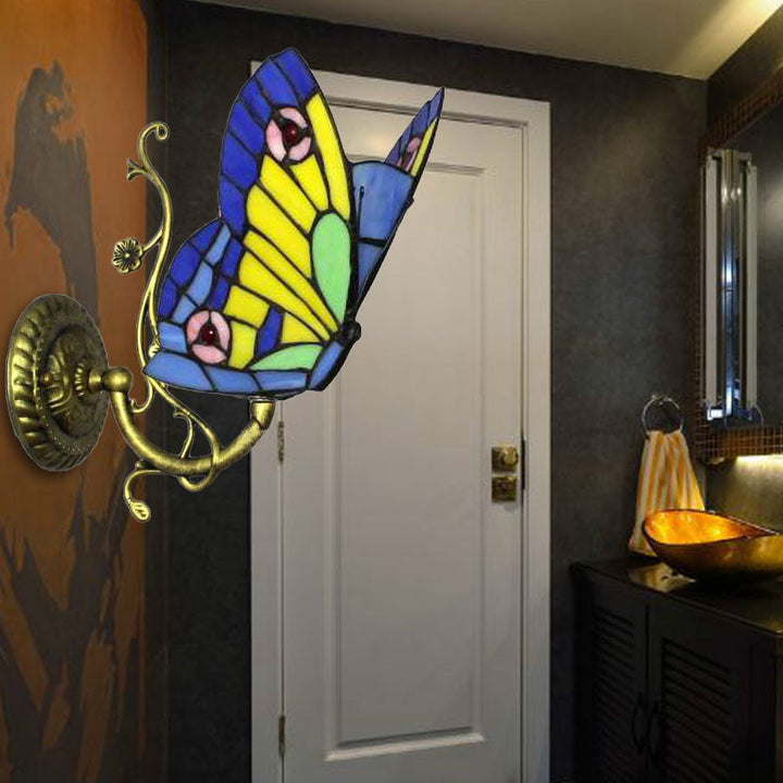 Lisslune | 1 Light Mini Wall Lamp with Butterfly Rustic Loft Style Yellow Glass Wall Mount Light in Blue/Orange