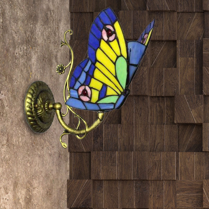 Lisslune | 1 Light Mini Wall Lamp with Butterfly Rustic Loft Style Yellow Glass Wall Mount Light in Blue/Orange