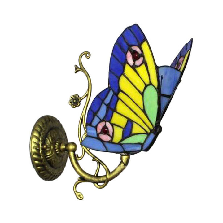 Lisslune | 1 Light Mini Wall Lamp with Butterfly Rustic Loft Style Yellow Glass Wall Mount Light in Blue/Orange