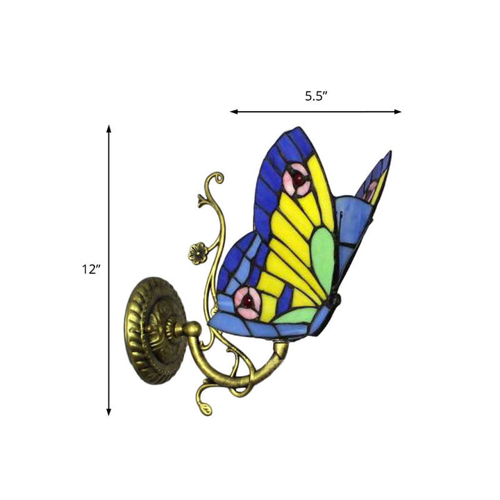 Lisslune | 1 Light Mini Wall Lamp with Butterfly Rustic Loft Style Yellow Glass Wall Mount Light in Blue/Orange