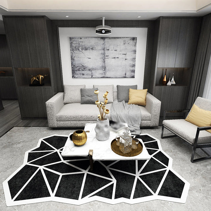 Lisslune | Novelty Living Room Irregular Rug in Black and White Geometric Fan Design Rug Polyester Pet-Friendly Area Rug
