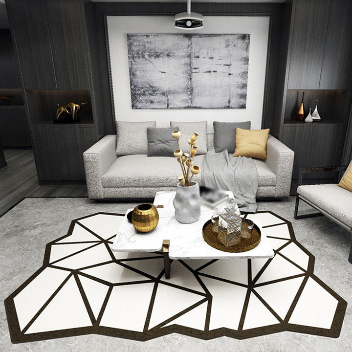 Lisslune | Novelty Living Room Irregular Rug in Black and White Geometric Fan Design Rug Polyester Pet-Friendly Area Rug