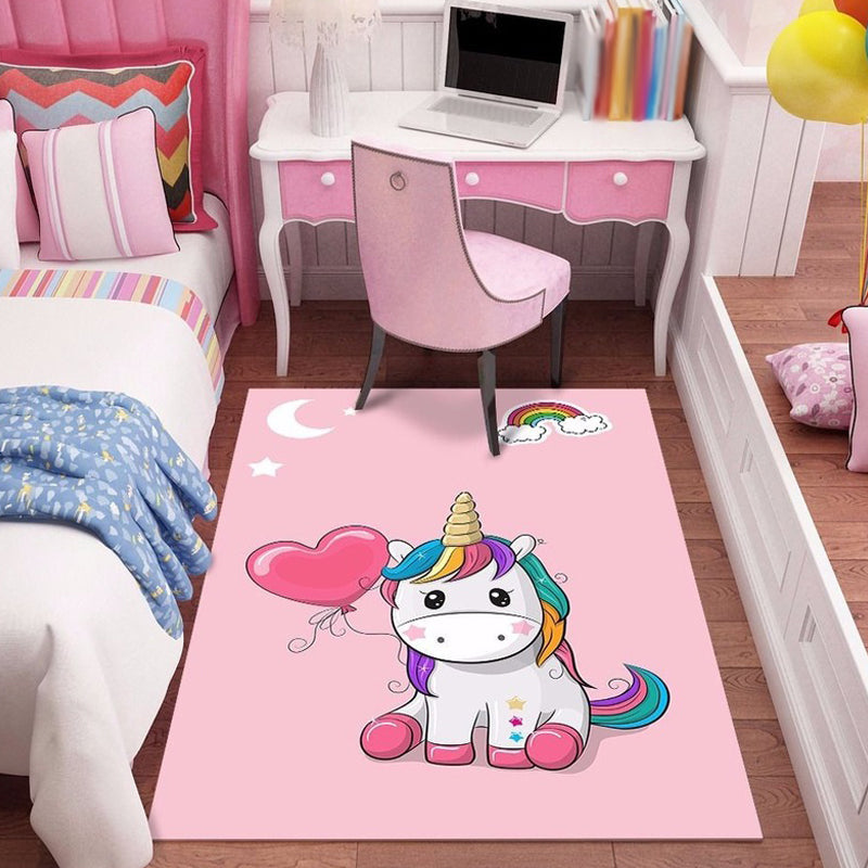 Lisslune | Beautiful Cartoon Character Pattern Rug Pink and Green Kids Rug Polyester Pet Friendly Washable Non-Slip Back Area Rug for the Children's Room