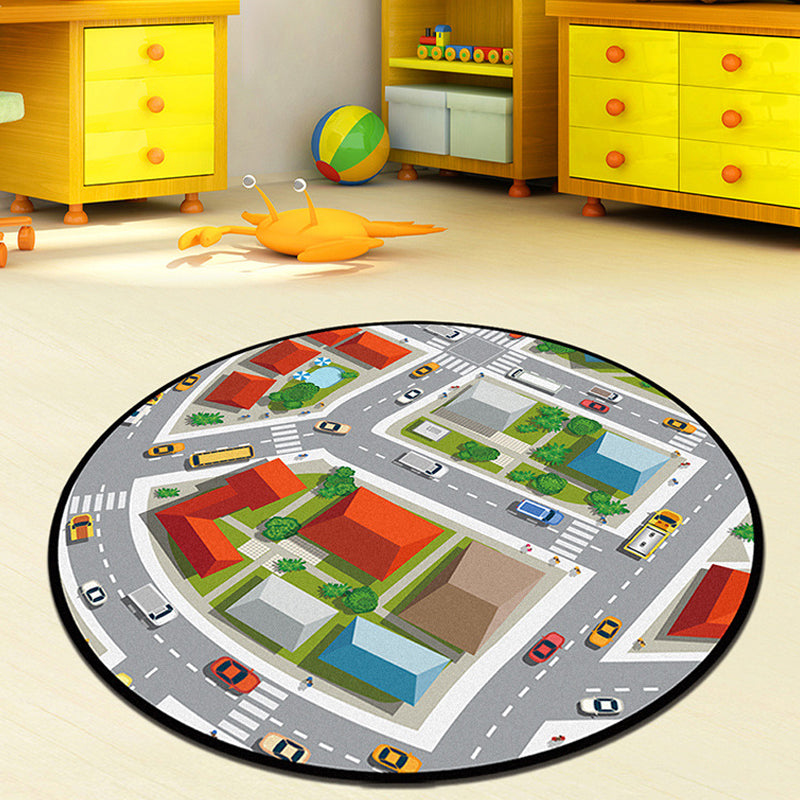 Lisslune | Gray and Green Kids Rug Polyester Road Pattern Rug Pet Friendly Washable Non-Slip Backing Carpet for Decoration