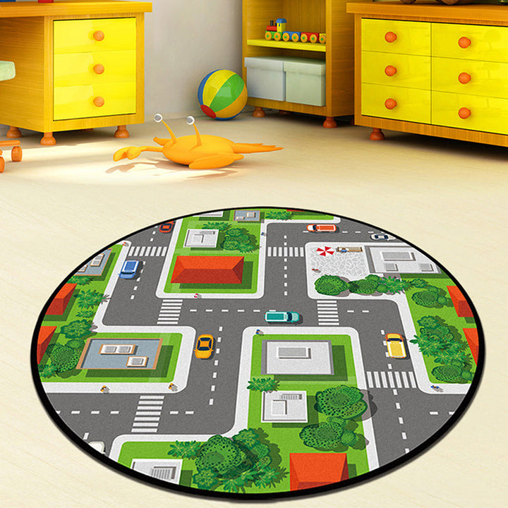 Lisslune | Gray and Green Kids Rug Polyester Road Pattern Rug Pet Friendly Washable Non-Slip Backing Carpet for Decoration